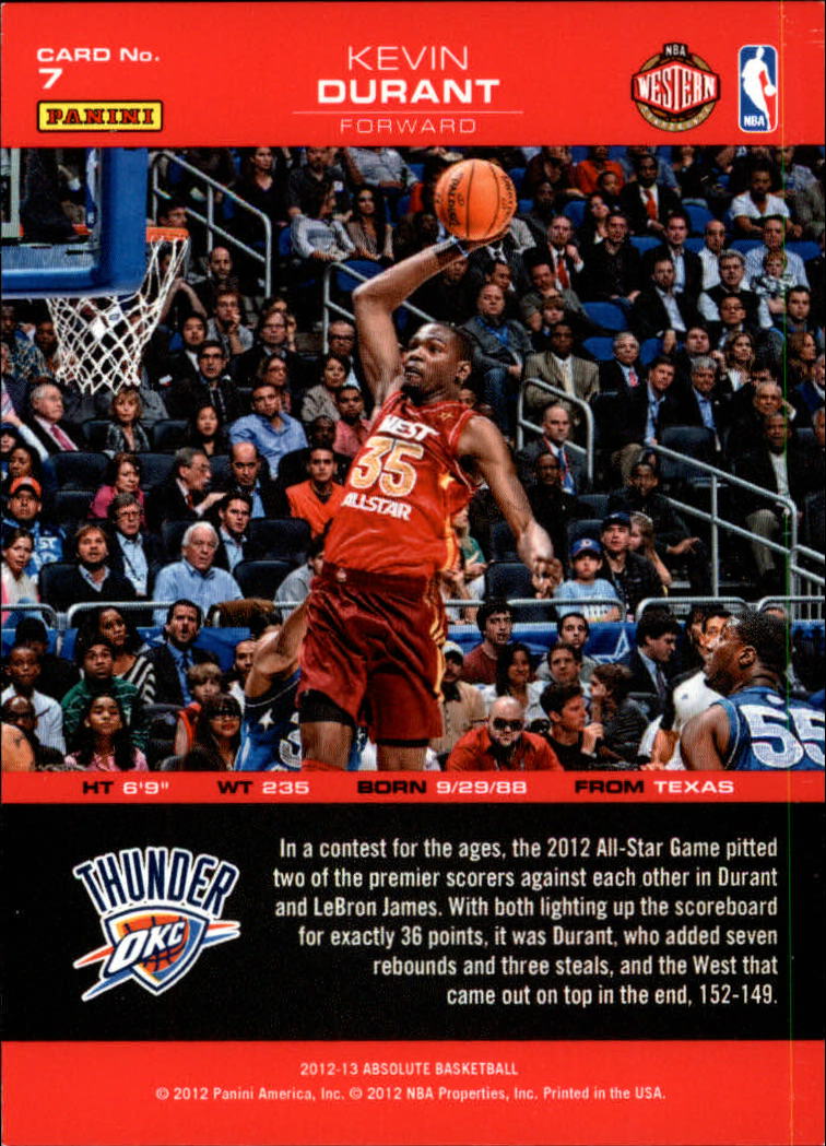 2012-13 Absolute Panini All-Stars #7 Kevin Durant back image