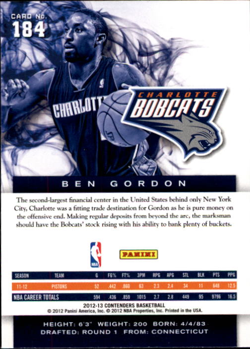 2012-13 Panini Contenders #184 Ben Gordon back image