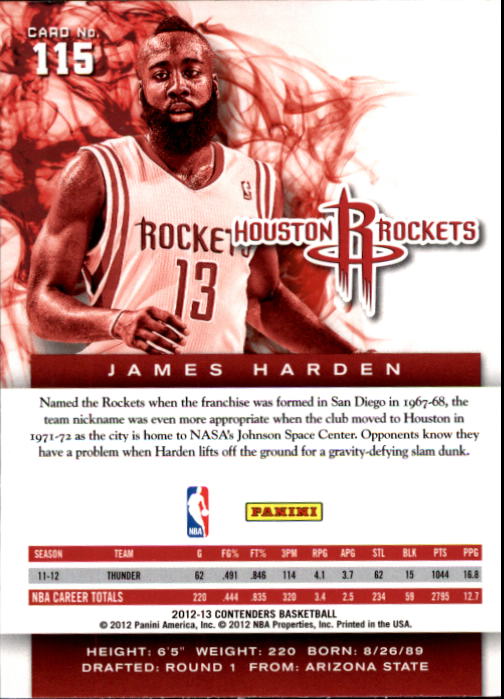 2012-13 Panini Contenders Silver #115 James Harden back image