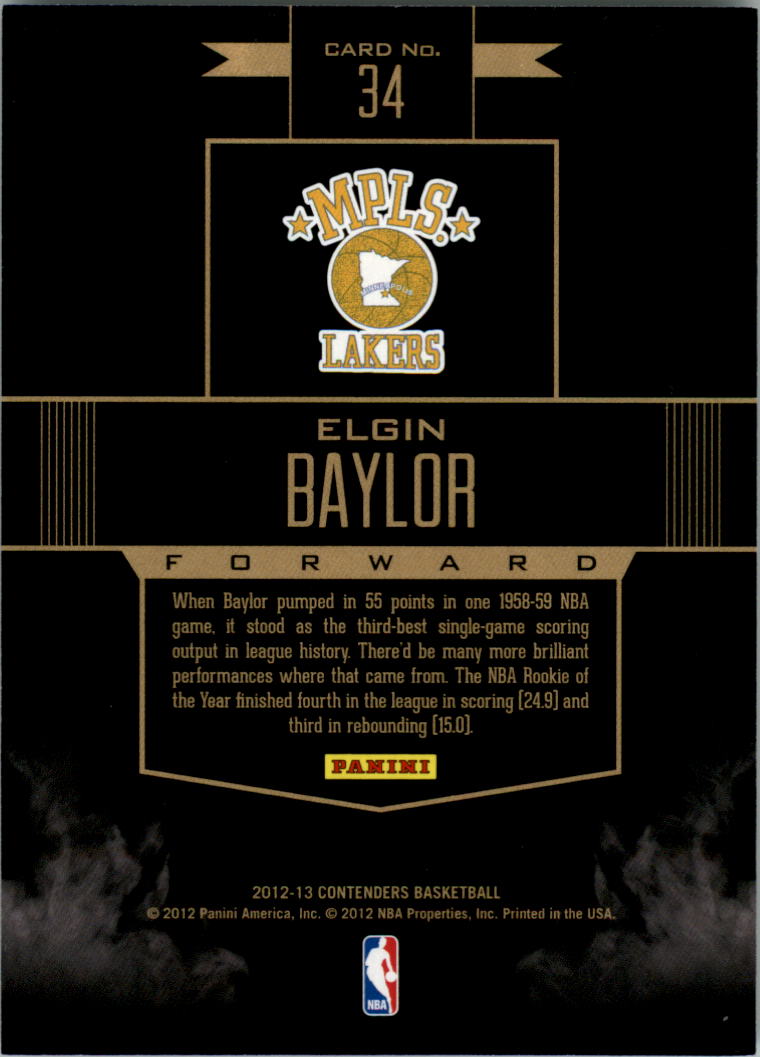 2012-13 Panini Contenders Rookie Remembrance #34 Elgin Baylor back image