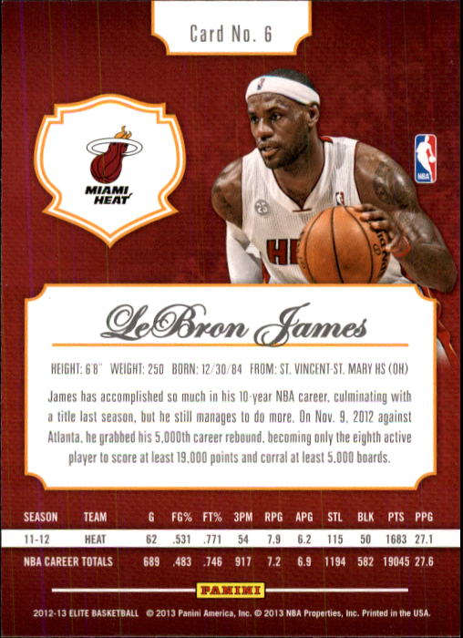 2012-13 Elite #6 LeBron James back image