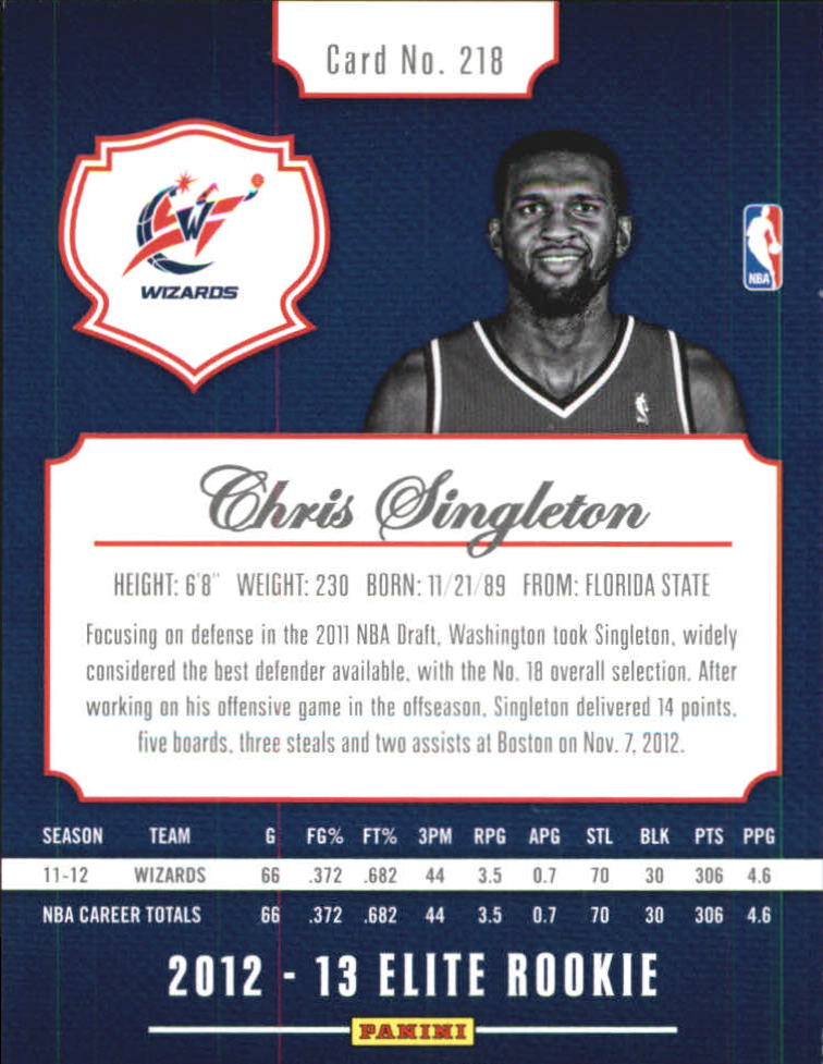 2012-13 Elite #218 Chris Singleton RC back image