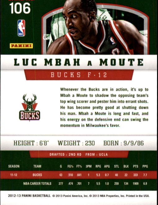 2012-13 Panini #106 Luc Mbah a Moute back image