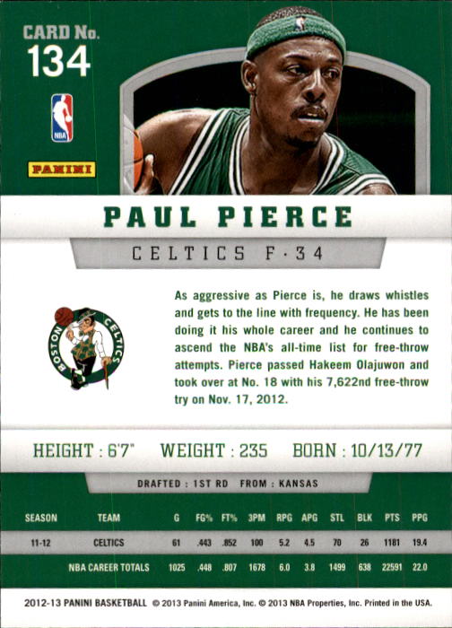 2012-13 Panini #134 Paul Pierce back image