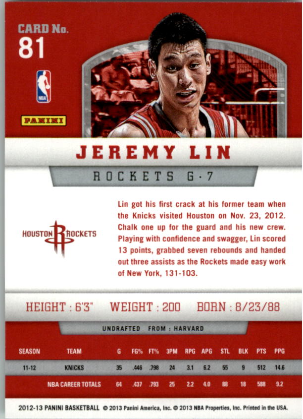 2012-13 Panini Gold Knight #81 Jeremy Lin back image