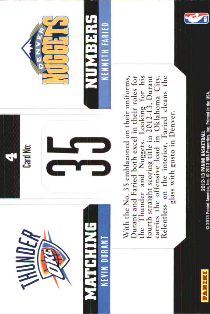 2012-13 Panini Matching Numbers #4 Kevin Durant/Kenneth Faried back image