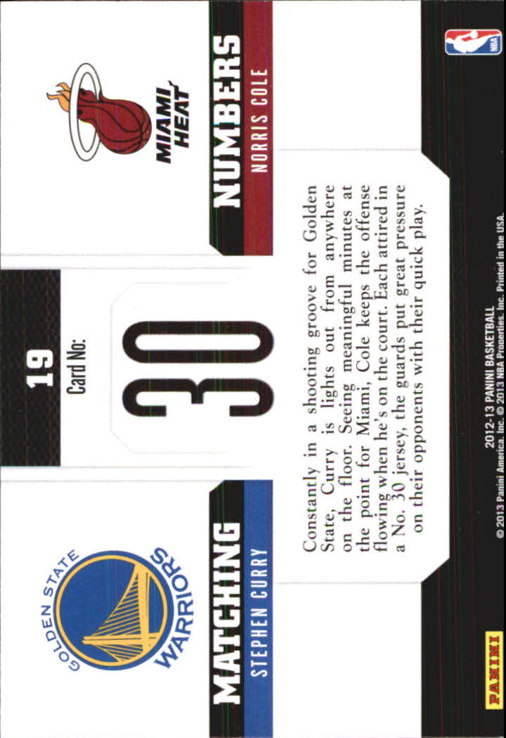 2012-13 Panini Matching Numbers #19 Norris Cole/Stephen Curry back image