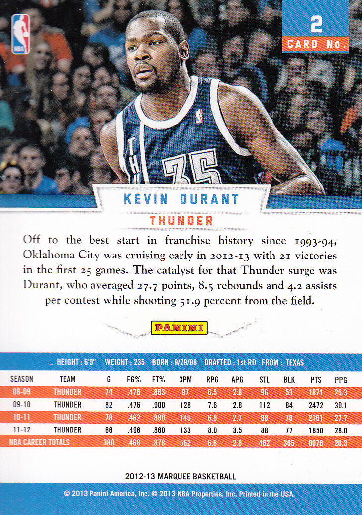 2012-13 Panini Marquee #2 Kevin Durant back image