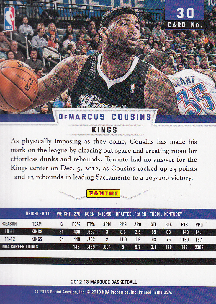 2012-13 Panini Marquee #30 DeMarcus Cousins back image
