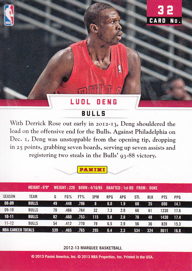 2012-13 Panini Marquee #32 Luol Deng back image