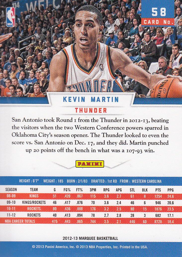 2012-13 Panini Marquee #58 Kevin Martin back image