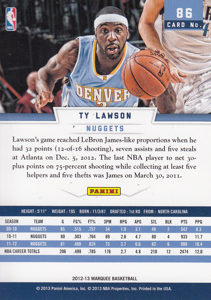 2012-13 Panini Marquee #86 Ty Lawson back image