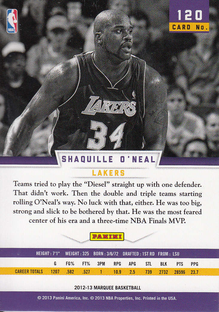 2012-13 Panini Marquee #120 Shaquille O'Neal back image