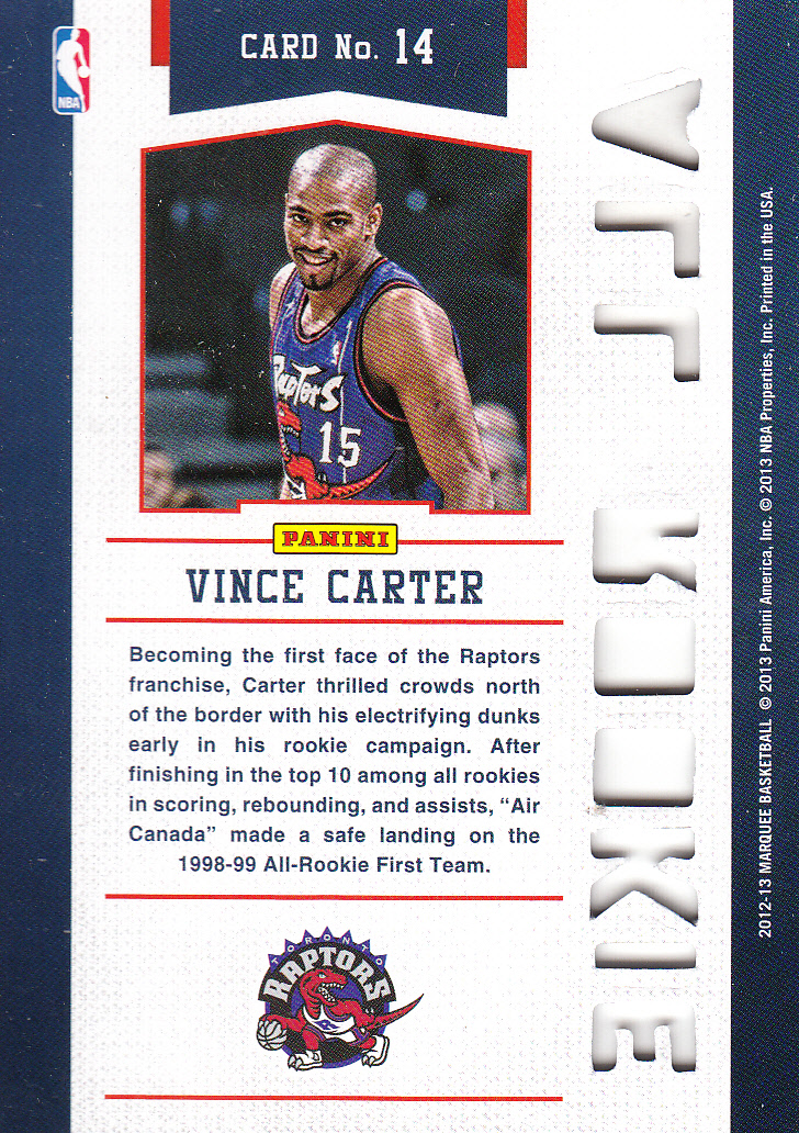 2012-13 Panini Marquee All-Rookie Team Laser Cut #14 Vince Carter back image