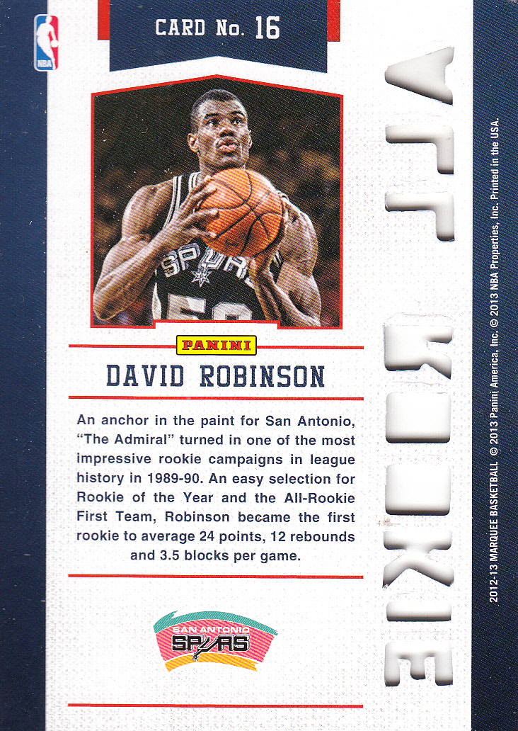 2012-13 Panini Marquee All-Rookie Team Laser Cut #16 David Robinson back image
