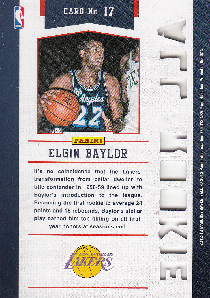 2012-13 Panini Marquee All-Rookie Team Laser Cut #17 Elgin Baylor back image