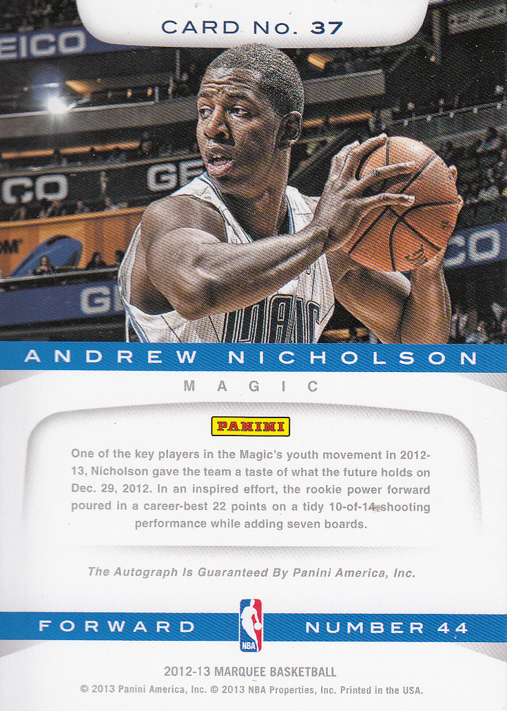 2012-13 Panini Marquee Rookie Signatures #37 Andrew Nicholson back image