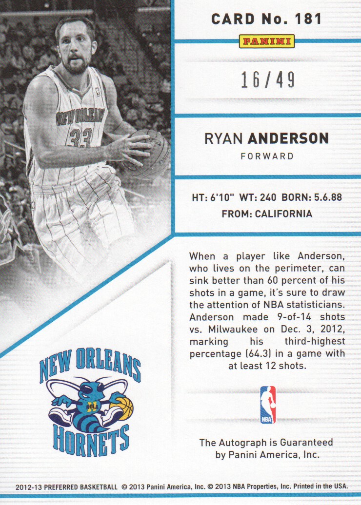 2012-13 Panini Preferred Blue #181 Ryan Anderson PS AU/49 back image
