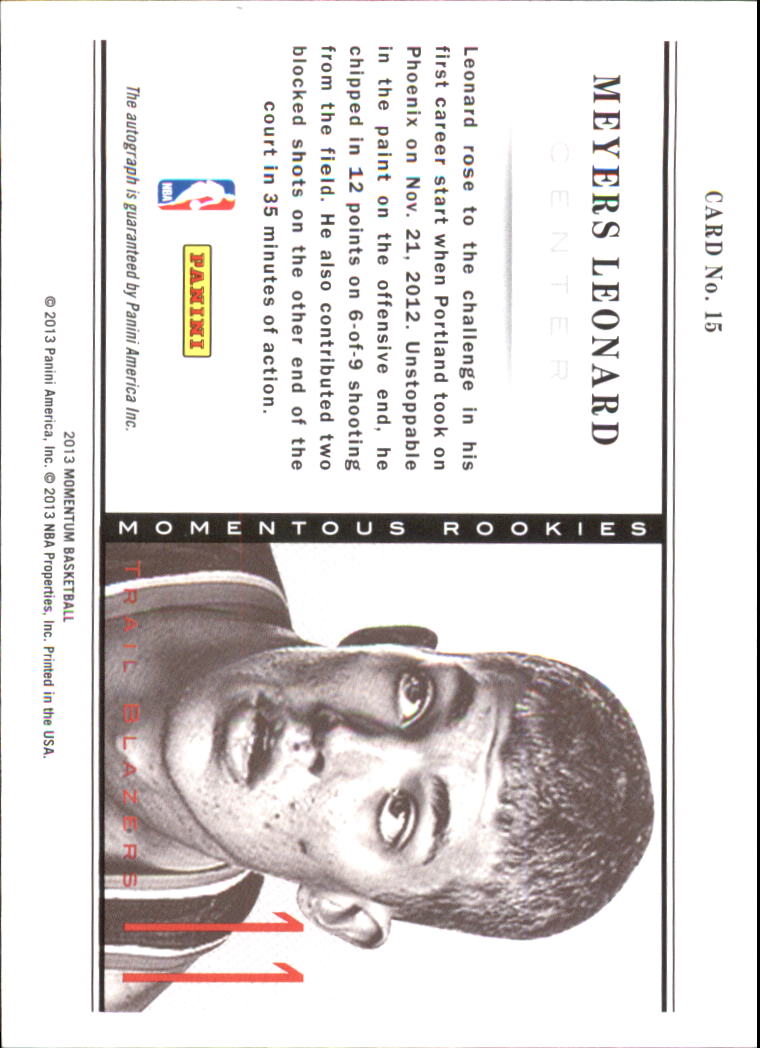 2012-13 Momentum Momentous Rookies Autographs #15 Meyers Leonard back image