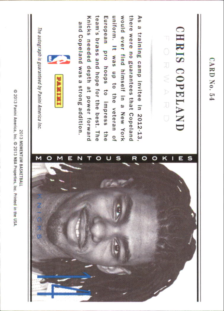 2012-13 Momentum Momentous Rookies Autographs #54 Chris Copeland back image