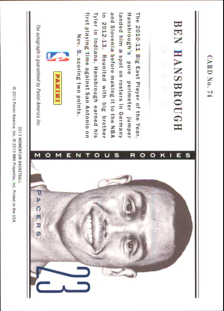 2012-13 Momentum Momentous Rookies Autographs #74 Ben Hansbrough back image