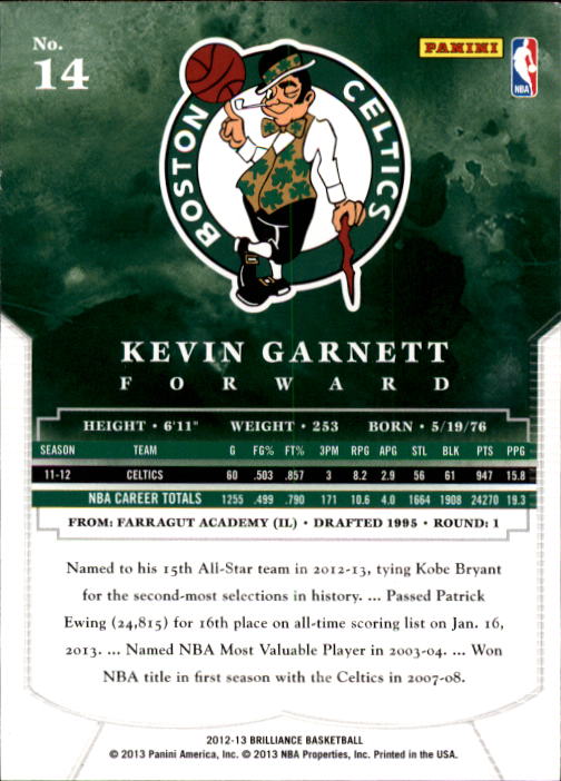 2012-13 Panini Brilliance #14 Kevin Garnett back image