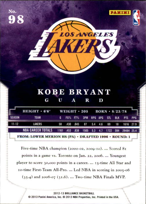 2012-13 Panini Brilliance #98 Kobe Bryant back image