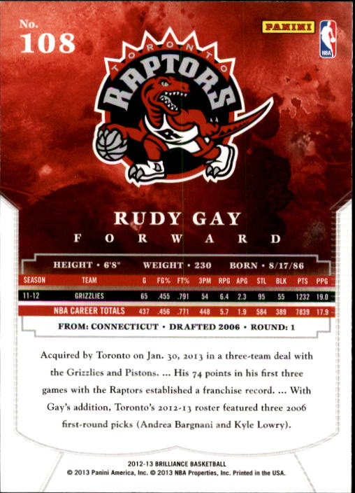 2012-13 Panini Brilliance #108 Rudy Gay back image