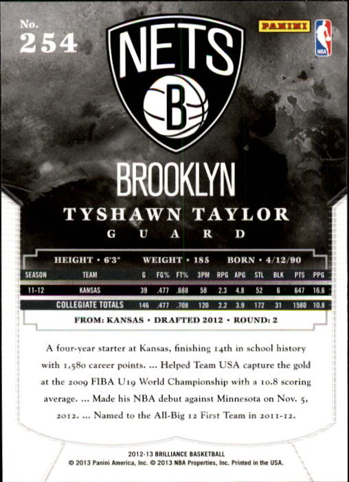 2012-13 Panini Brilliance #254 Tyshawn Taylor RC back image