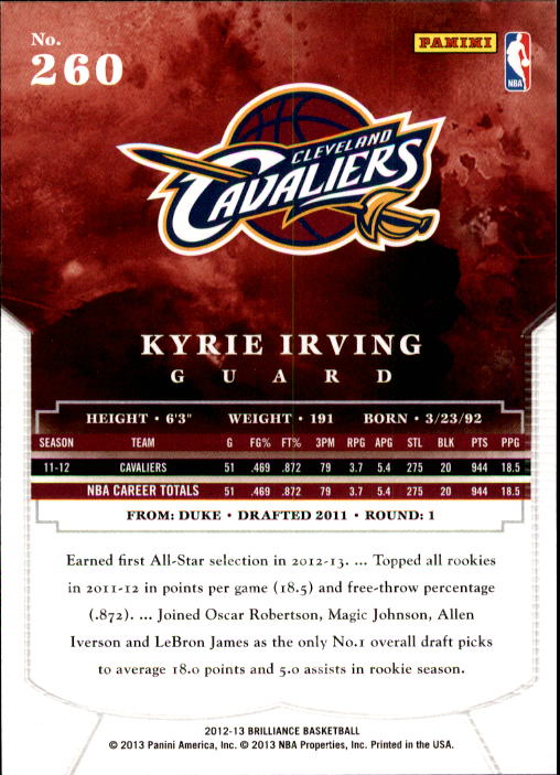 2012-13 Panini Brilliance #260 Kyrie Irving RC back image