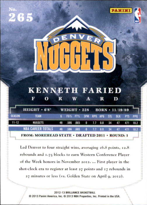 2012-13 Panini Brilliance #265 Kenneth Faried RC back image