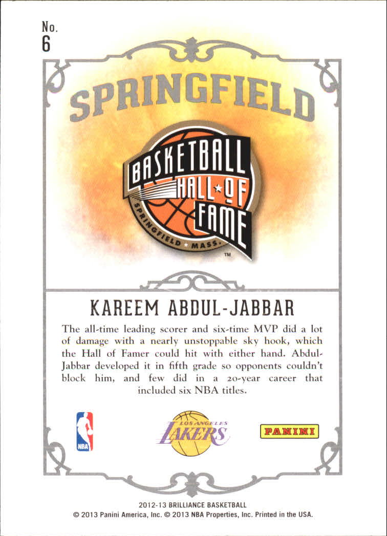 2012-13 Panini Brilliance Springfield #6 Kareem Abdul-Jabbar back image
