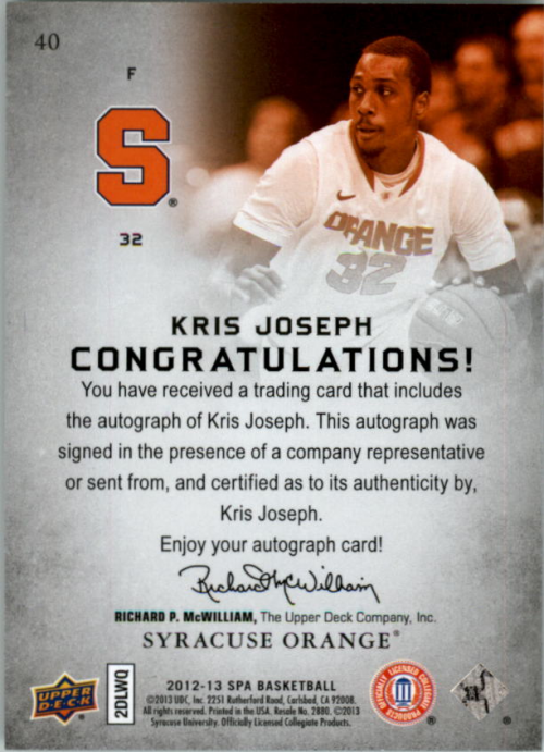 2012-13 SP Authentic Autographs #40 Kris Joseph E back image