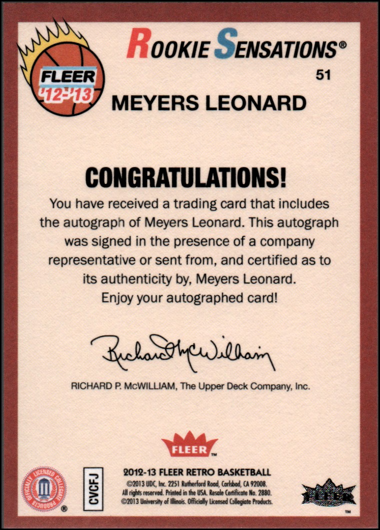 2012-13 Fleer Retro Autographs #51 Meyers Leonard RS B back image
