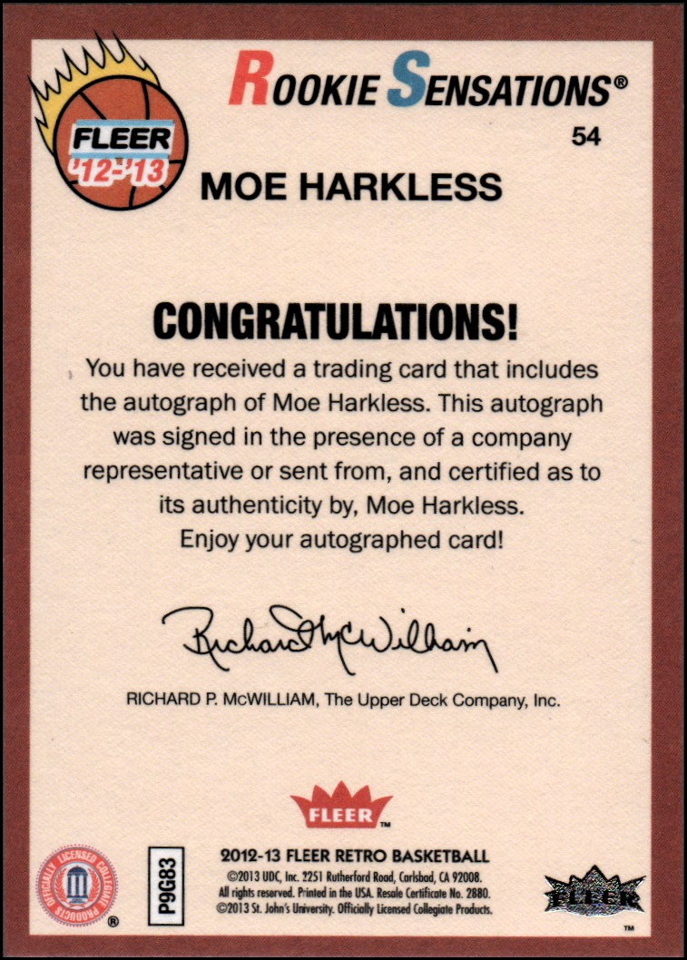 2012-13 Fleer Retro Autographs #54 Moe Harkless RS B back image