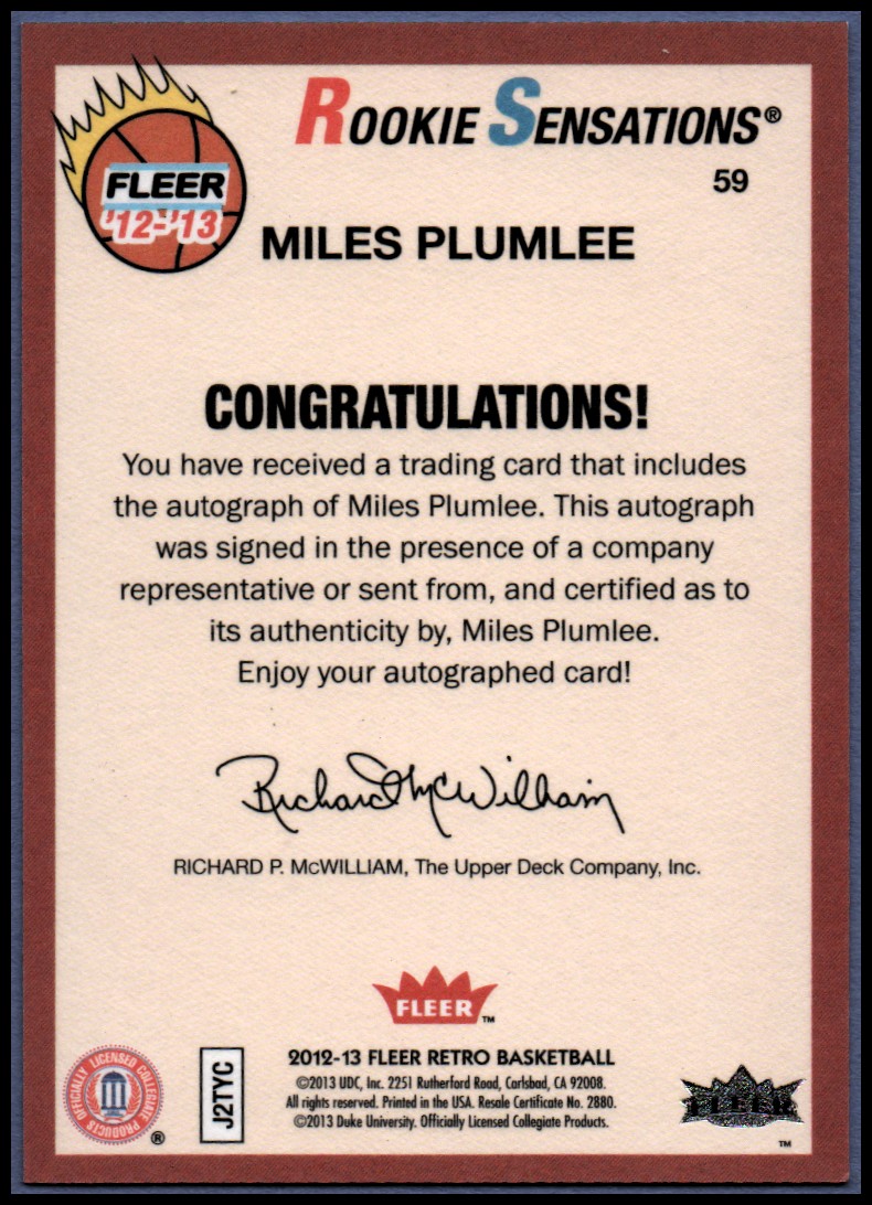 2012-13 Fleer Retro Autographs #59 Miles Plumlee RS B back image