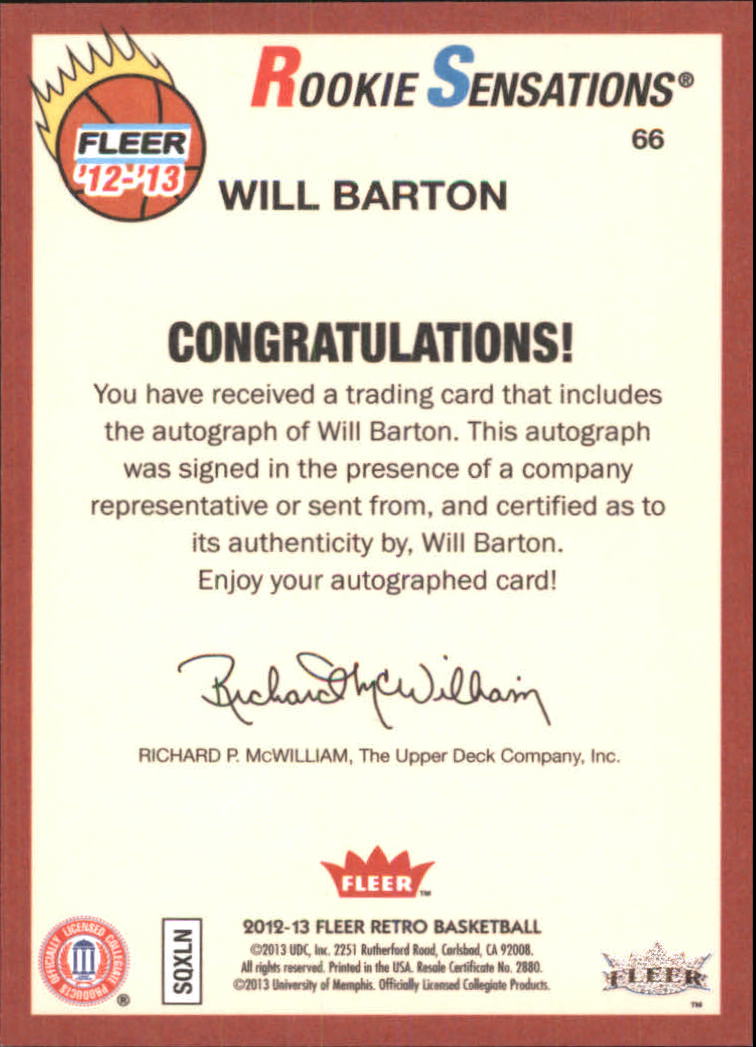 2012-13 Fleer Retro Autographs #66 Will Barton RS B back image