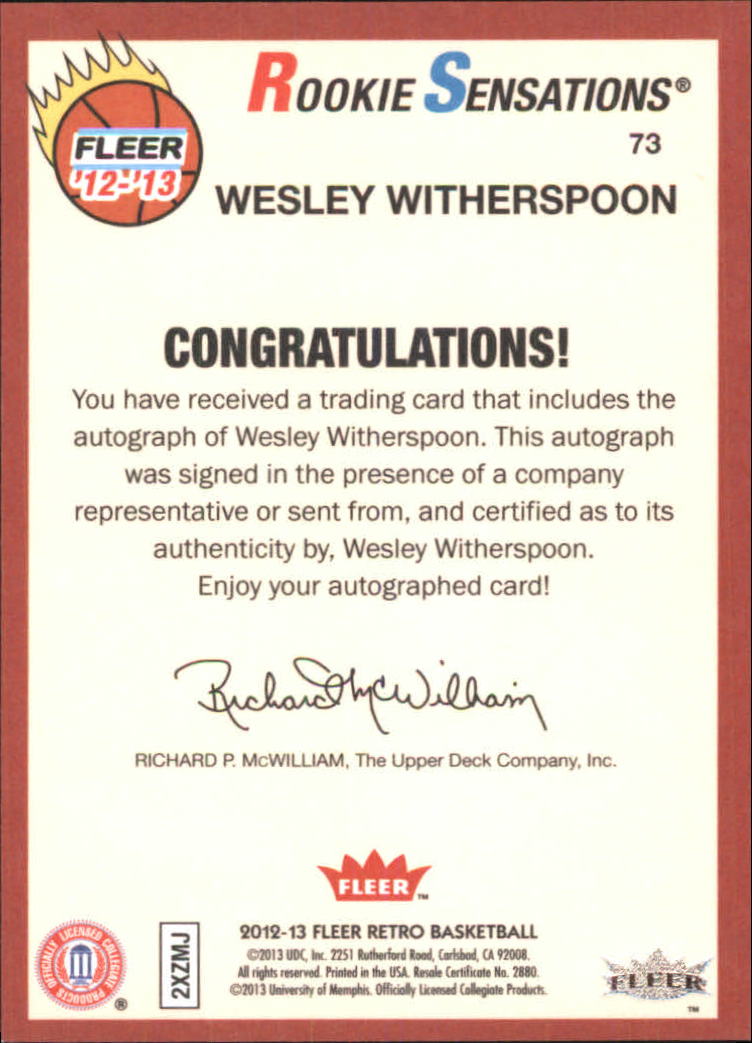 2012-13 Fleer Retro Autographs #73 Wesley Witherspoon RS B back image
