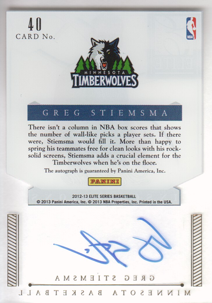 2012-13 Elite Series Rookie Inscriptions Autographs #40 Greg Stiemsma back image