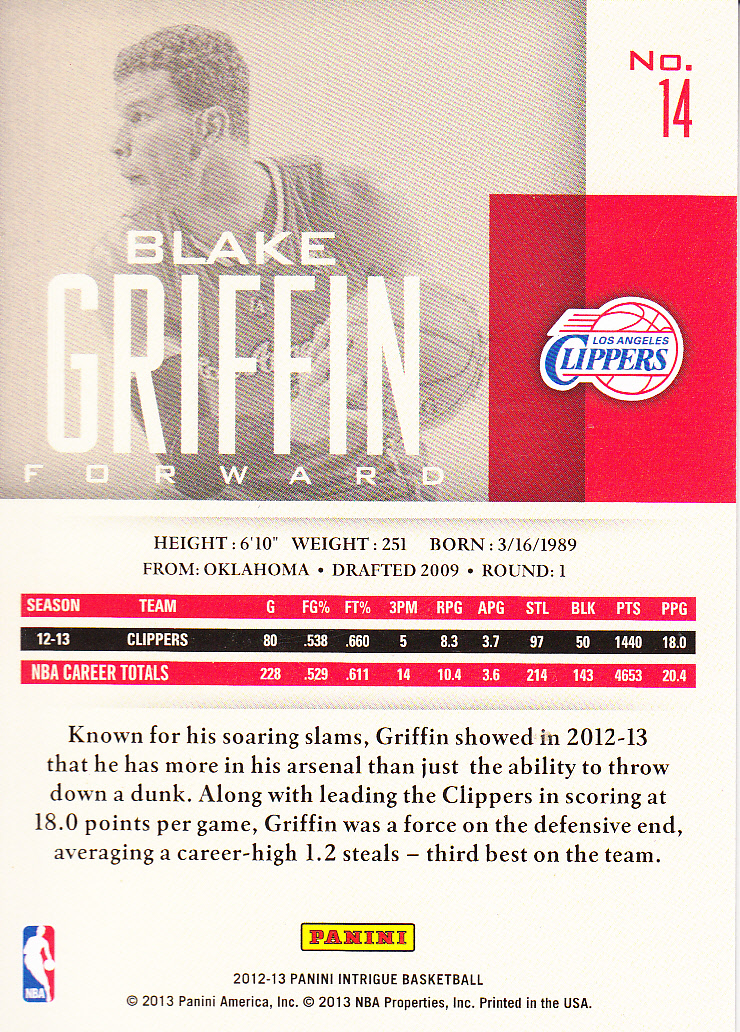 2012-13 Panini Intrigue #14 Blake Griffin back image