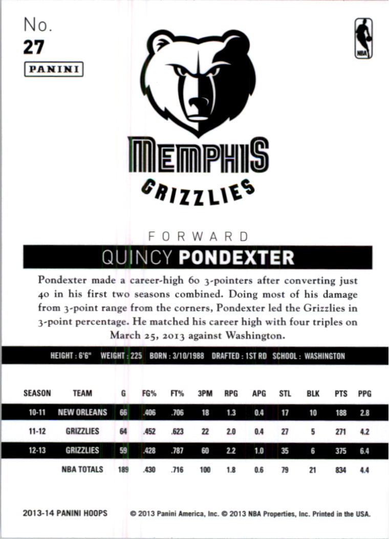2013-14 Hoops #27 Quincy Pondexter back image
