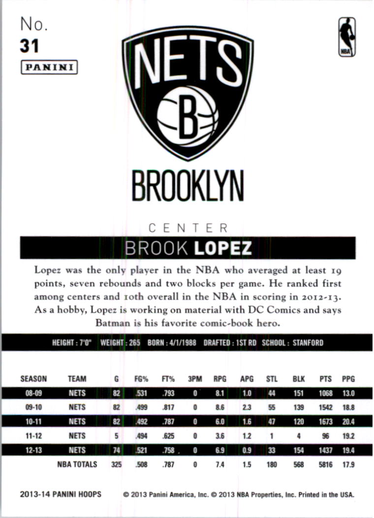 2013-14 Hoops #31 Brook Lopez back image