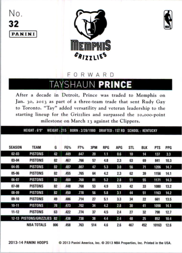 2013-14 Hoops #32 Tayshaun Prince back image