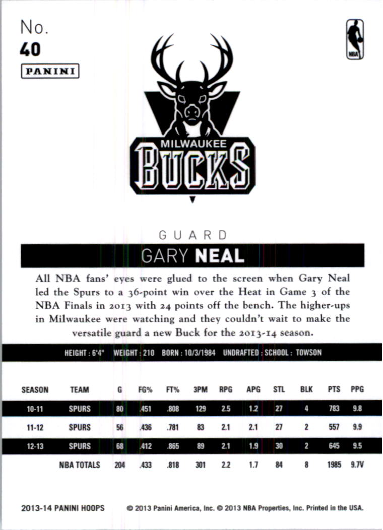 2013-14 Hoops #40 Gary Neal back image