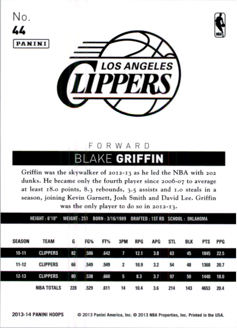 2013-14 Hoops #44 Blake Griffin back image