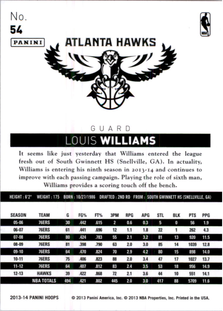 2013-14 Hoops #54 Louis Williams back image
