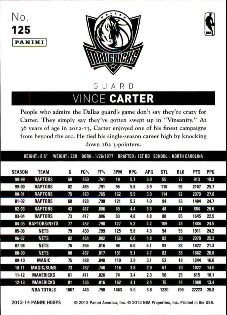 2013-14 Hoops #125 Vince Carter back image