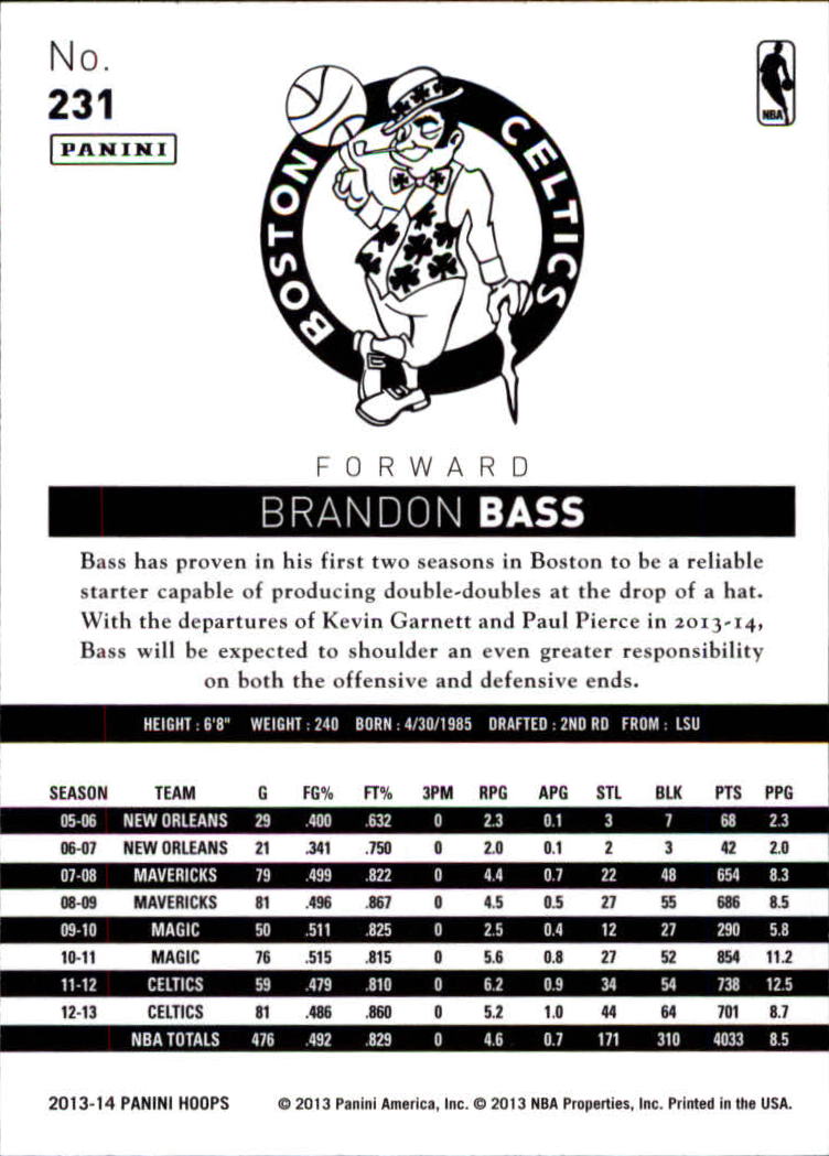 2013-14 Hoops #231 Brandon Bass back image
