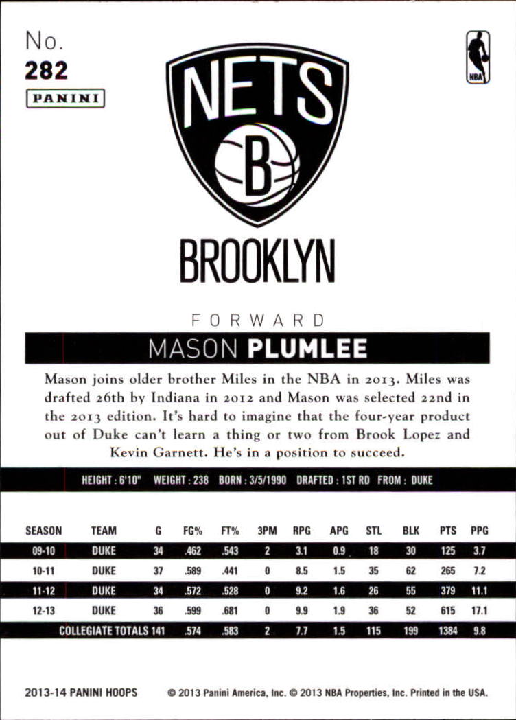 2013-14 Hoops #282 Mason Plumlee RC back image