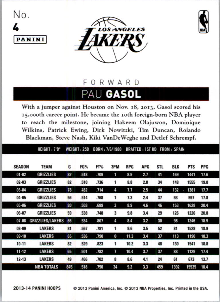 2013-14 Hoops Gold #4 Pau Gasol back image